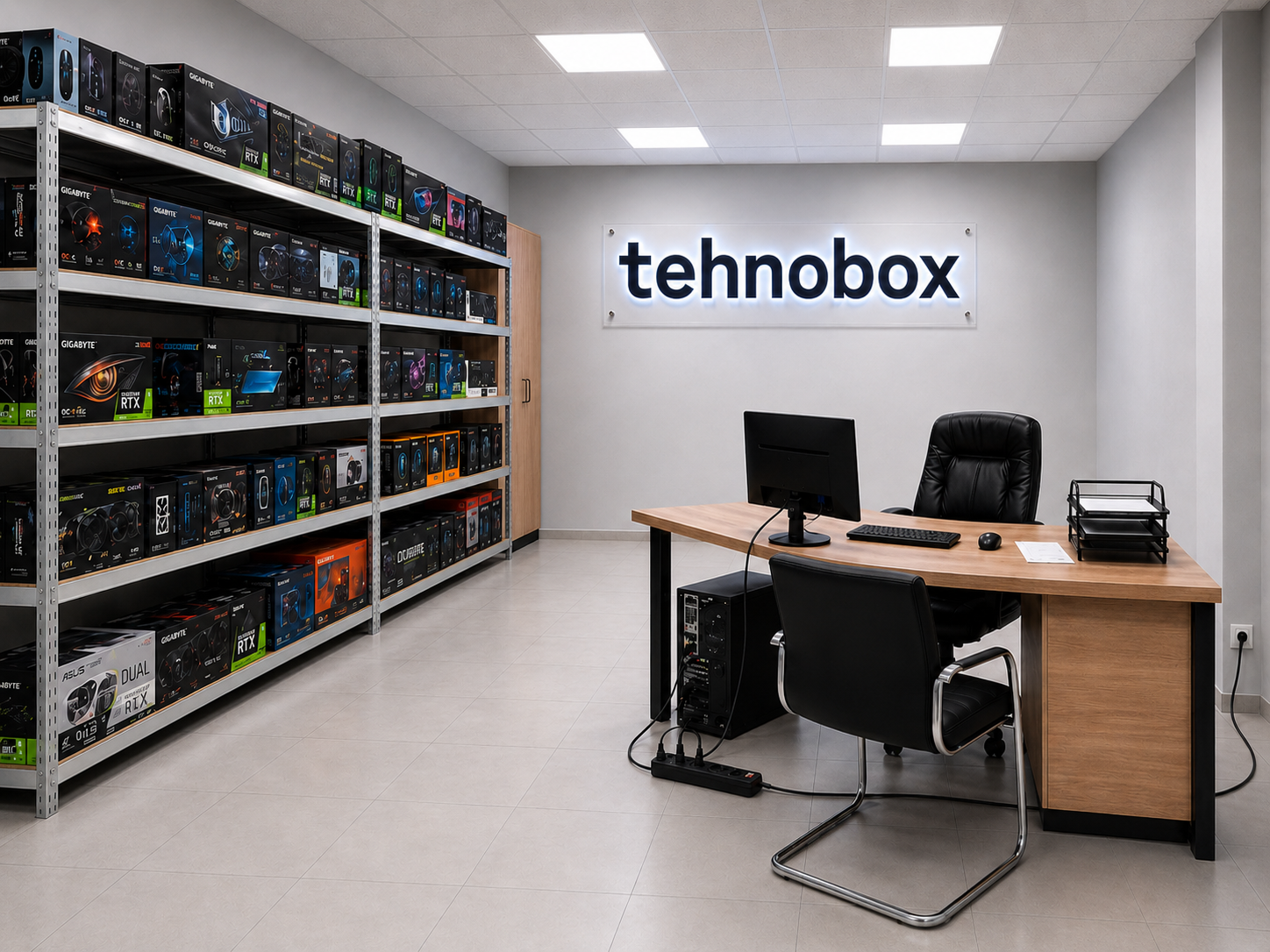 Офис Tehnobox с витриной техники и рабочим столом