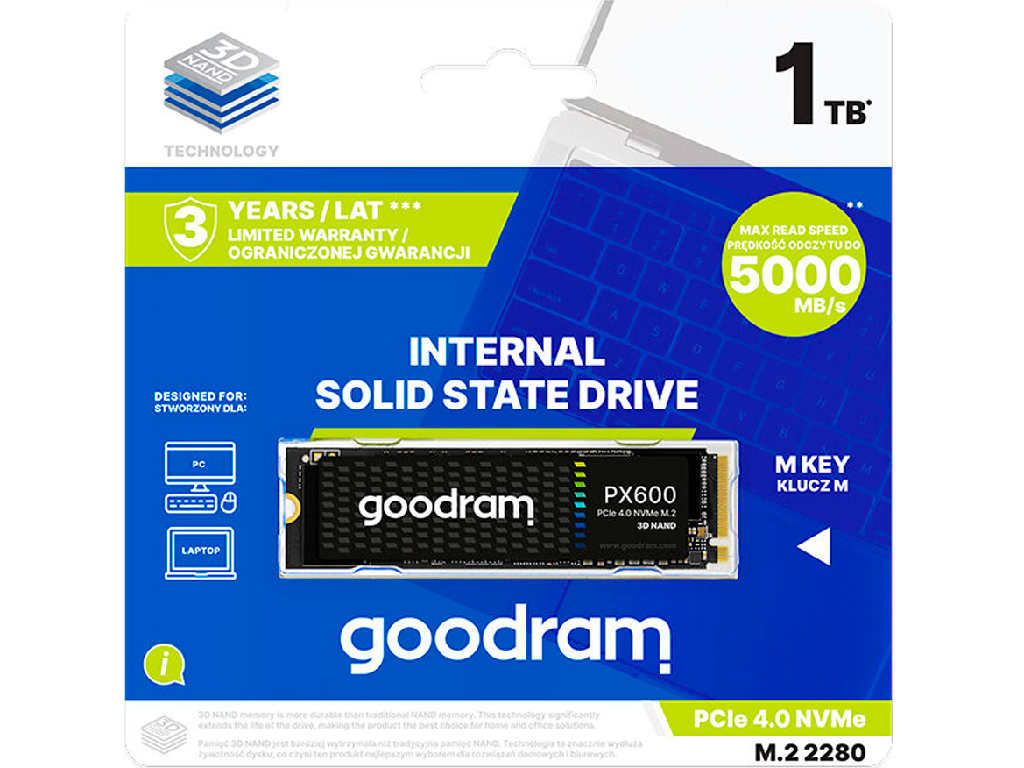 M.2 NVMe SSD 1.0TB GOODRAM PX600 Gen2, Interface PCIe4 PCIE40 X4 NVME14 M2 Type 2280 Form Factor Sequential Readswrites 5000 Mbs 3200 Mbs Tbw 300TB Mtbf 2MLN Hours 3D Nand Tlc Heatdissipa - миниатюра 3