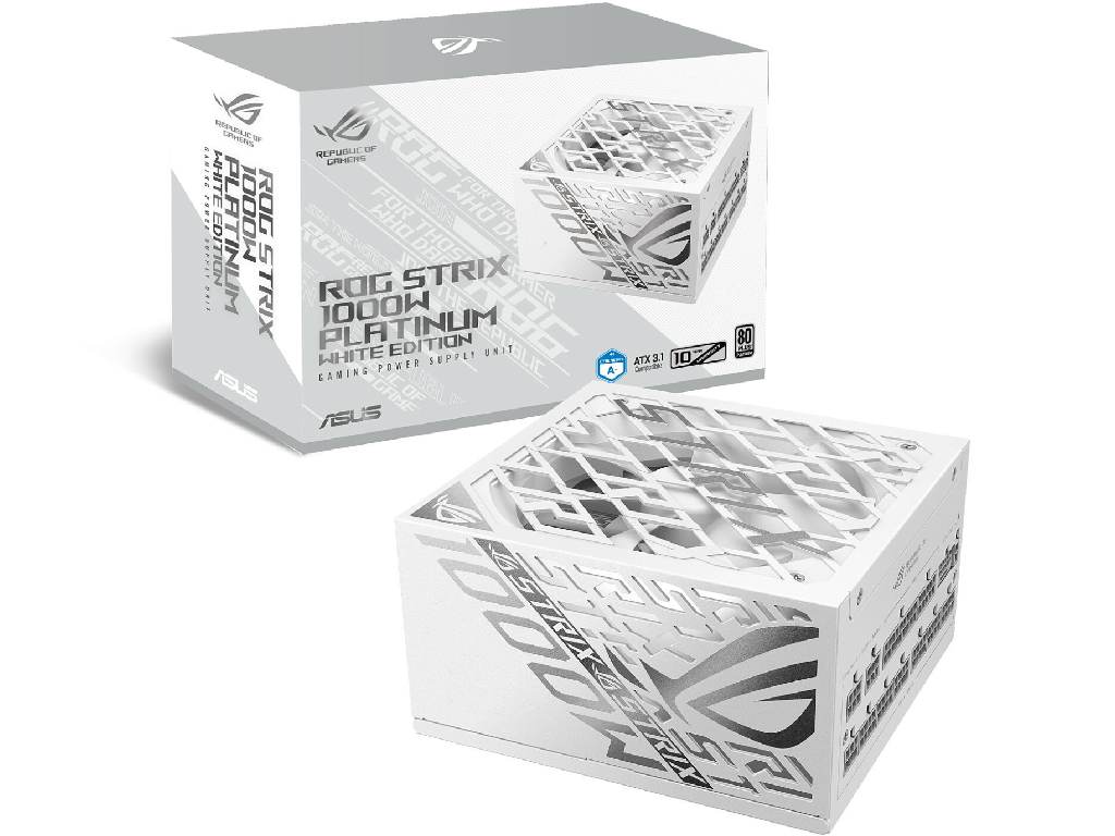 Power Supply ATX 1000W ASUS ROG Strix Gaming, 80+ Plati Platinum 150MM Active Pfc Oppovpuvpscpocpotp Fully Modular White Power Cord X 1 Motherboard Power Cable X 1 610MM CPU Cable X 2 1000MM