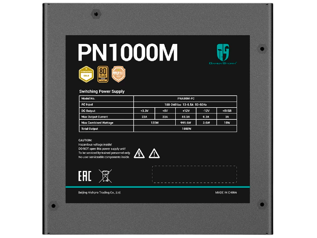 PSU GamerStorm ”PN1000M”, 1000W, ATX12V V3.1/ PCI-E5.1, 80 PLUS® Gold, Full Modular, Active PFC + Half Bridge SRC LLC + DC to DC, 135mm FDB Fan with PWM, +12V (83.3A), 20+4 Pin, 2xCPU(4+4Pin), 3xPCI-E(6+2pin), 8x SATA, 2x IDE, 1x 12V-2x6(16pin), ErP 2014, OPP/OVP/SCP/OTP/OCP/UVP/SIP/NLO, Black - миниатюра 7