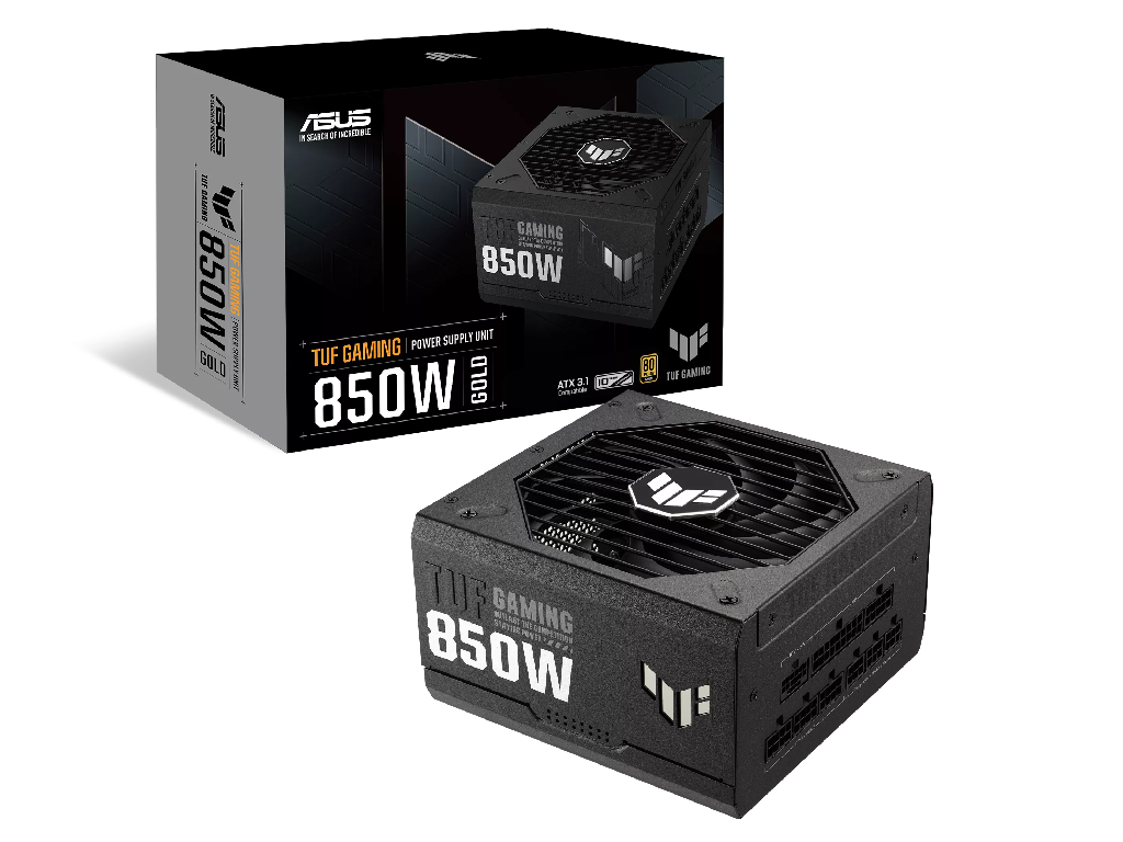 PSU ASUS TUF GAMING 850G, 850W, ATX12V V3.1, 80 PLUS® Gold, Full Modular, Protective PCB coating, Military-grade comp, 0db Technology, Dual-ball 120mm Axial-tech Fan with PWM, +12V (70.8A), 20+4 Pin, 2xCPU(4+4Pin), 5x SATA, 3xPCI-E(6+2pin), 4x Peripheral, 1x 16-pin PCIe, Black