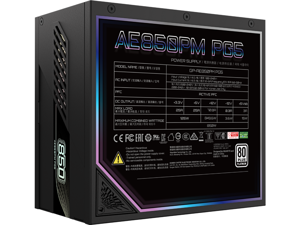 PSU GIGABYTE AORUS ELITE ”GP-AE850PM PG5”, 850W, ATX12V V3.0, PCI-E 5.0, 80 PLUS® Platinum, Fully Modular, 100% Japan Cap, Active PFC, 120mm Smart FDB Fan with PWM, +12V (70.8A), 20+4 Pin, 2xCPU(4+4Pin), 8x SATA, 6xPCI-E(6+2pin), 4xPeripheral, PCI-E 16pin 600W, Black - миниатюра 2