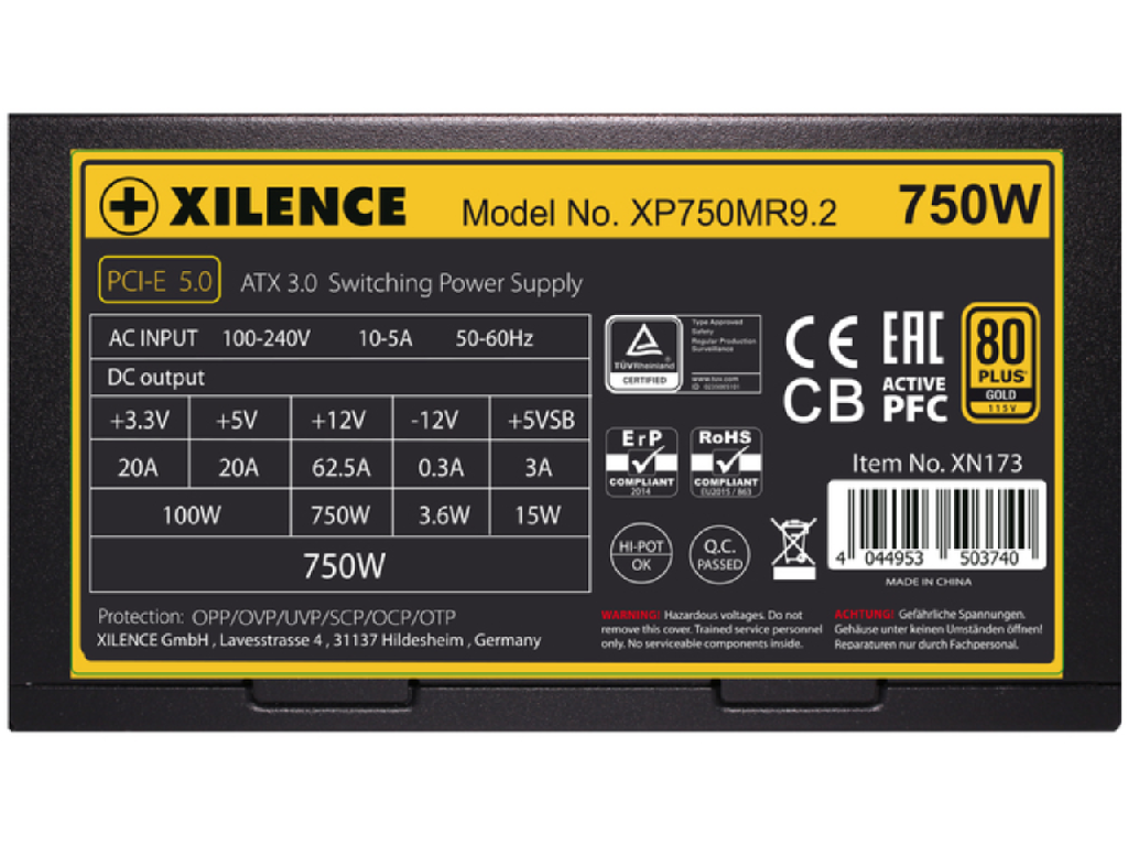 PSU XILENCE XP750MR9.2 (XN173), 750W, "Performance X" Series / Semi-Modular, PCIe 5.0 / ATX 3.0, 80 PLUS® GOLD, Active PFC, 140mm fan,+12V (62.5A), 20+4 Pin, 1x P8 + 1x P4+4(CPU), 9x SATA, 3x PCI-E 6+2pin, 1x12VHPWR, 3x Peripheral, ErP2014 norm, EcoPSU certified, OVP, UVP, OCP, OTP, SCP, OLP, Black - миниатюра 3