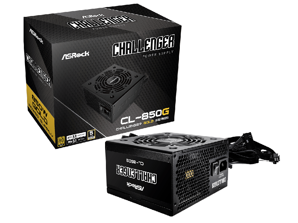 ASRock Challenger "CL-850G", 850W, ATX3.1 and PCIe5.1 Ready, 80 PLUS® GOLD, 120mm Golf-blade Fan, Auto iCool Intelligent Fan Control, Built-in 5V BOOST function, +12V (70.9A), 20+4 Pin, 2xCPU(4+4Pin), 4x SATA, 4xPCI-E(6+2pin), 2x Peripheral, OCP/SCP/OVP/UVP/OTP/OPP, Black