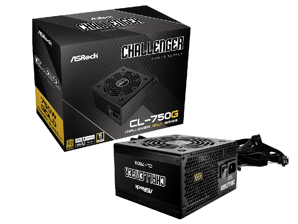 ASRock Challenger "CL-750G", 750W, ATX3.1 and PCIe5.1 Ready, 80 PLUS® GOLD, 120mm Golf-blade Fan, Auto iCool Intelligent Fan Control, Built-in 5V BOOST function, +12V (62.5A), 20+4 Pin, 2xCPU(4+4Pin), 4x SATA, 2xPCI-E(6+2pin), 2x Peripheral, OCP/SCP/OVP/UVP/OTP/OPP, Black