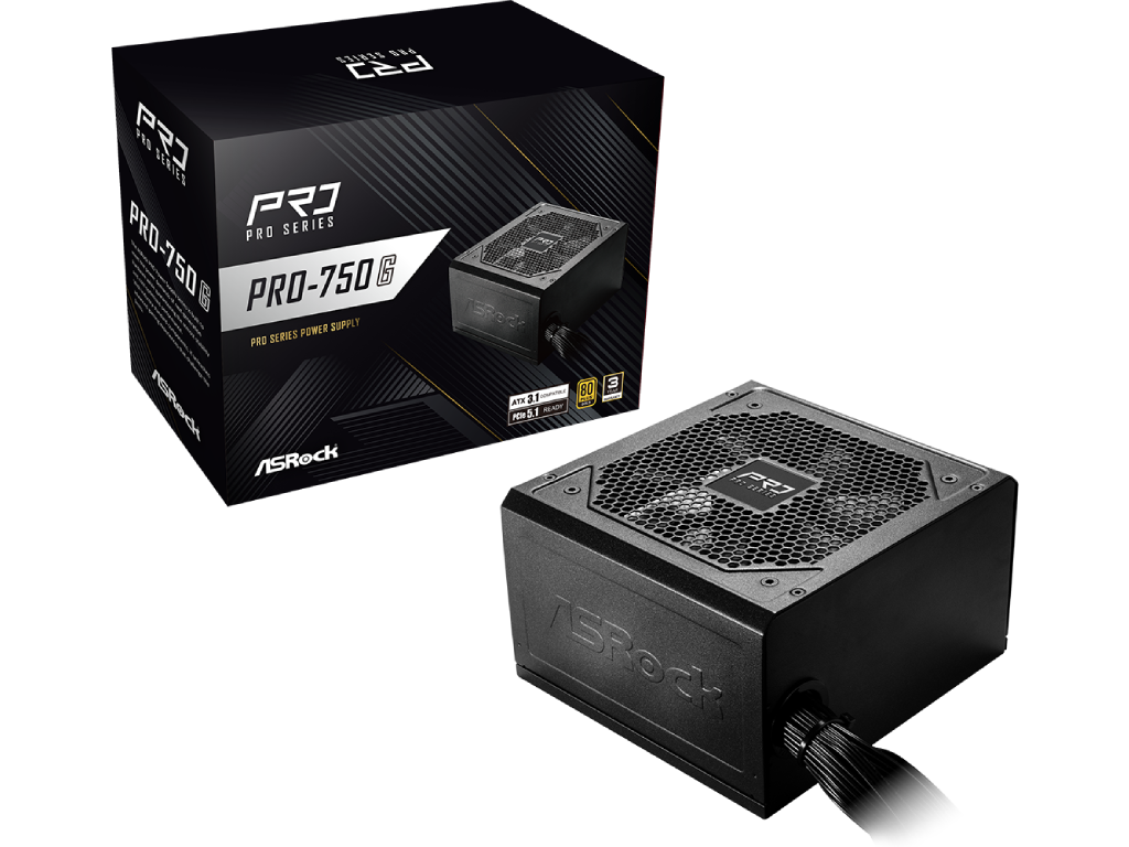 ASRock PRO 750W GOLD Power Supply ATX 3.1 750W, 80 Plus Gold, 120mm Fan, Dimensions 150mm x 86mm x 140mm (W x H x D), Input Voltage 100-240 VAC, Input Current 10-5A, Input Frequency Range 50-60Hz, Continuous 12V output 62.5 A, Total Power Excursion 200%, MTBF 100,000 Hours @25°C, Protection OCP / SCP / OVP / UVP / OTP / OPP, Power 750W, Capacitors All Taiwanese, Cable Type Flat, Connectors 1x 24pin / 1x 4+4pin EPS / 1x 12+4pin PCIe 5.1 / 2x 6+2pin PCIe / 4x SATA / 2x 4-pin Peripheral