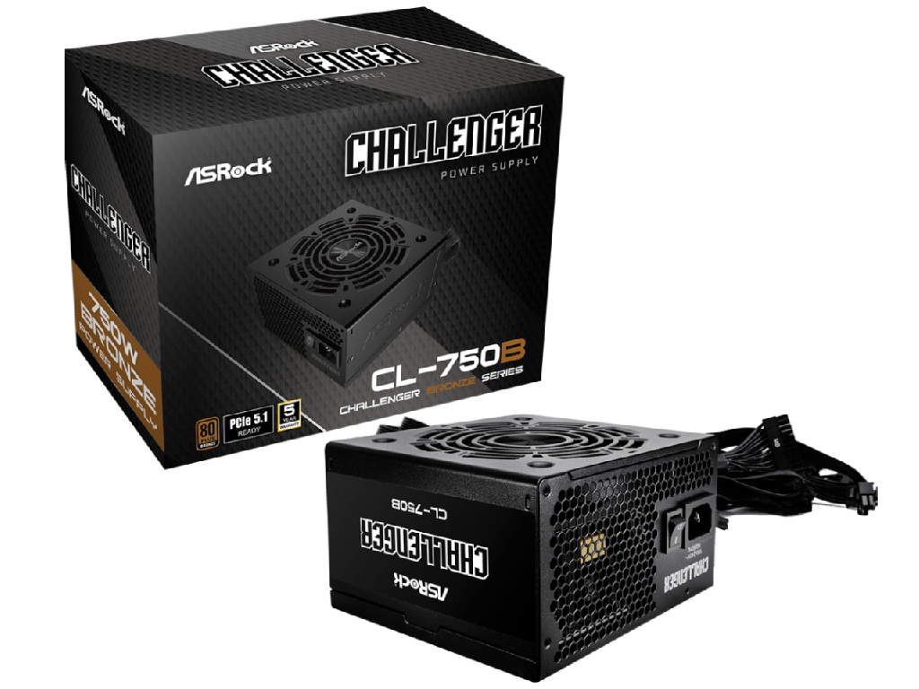 ASRock Challenger "CL-750B", 750W, PCIe5.1 Ready, 80 PLUS® BRONZE, 120mm Golf-blade Fan, Built-in 5V BOOST function, +12V (62.5A), 20+4 Pin, 2xCPU(4+4Pin), 4x SATA, 2xPCI-E(6+2pin), 2x Peripheral, OCP/SCP/OVP/UVP/OTP/OPP, Black