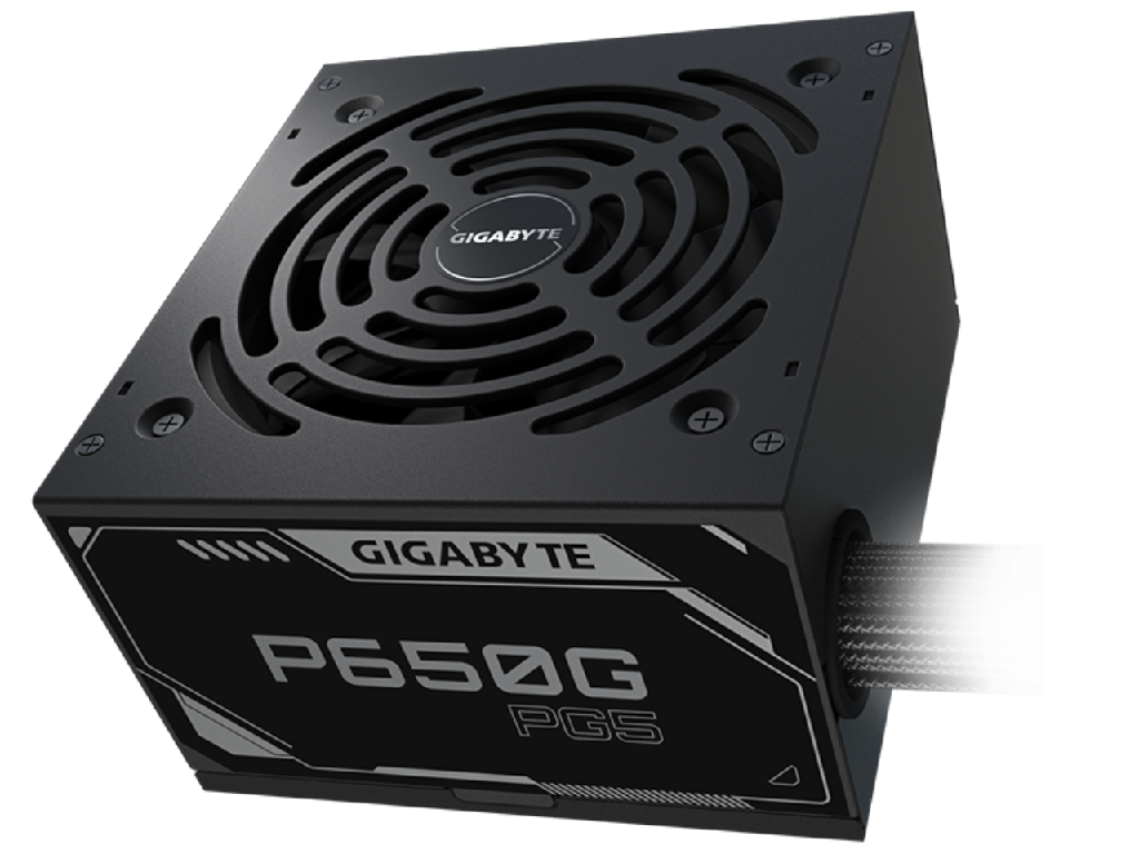 PSU GIGABYTE ”GP-P650G PG5”, 650W, PCIE 5.1, ATX12V V3.1, 80 PLUS® Gold, Flat Black Cables, Active PFC, Main Japan Cap, 120mm HYB Fan with PWM, +12V (54.2A), 20+4 Pin, 2xCPU(4+4Pin), 6x SATA, 2xPCI-E(6+2pin), 3x Peripheral, 1x16-pin PCI-E 300W, OVP/OPP/SCP/UVP/OCP/OTP, Black