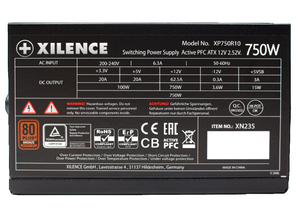 PSU XILENCE Gaming Series XP750R10, 750W, "Perform Performance A Iii Series Version 24 80 Plus Bronze Active Pfc 120MM FAN12V625A 204 Pin 1XEPS44PIN 6X Sata 2X Pcie 62PIN 3X Peripheral - миниатюра 2