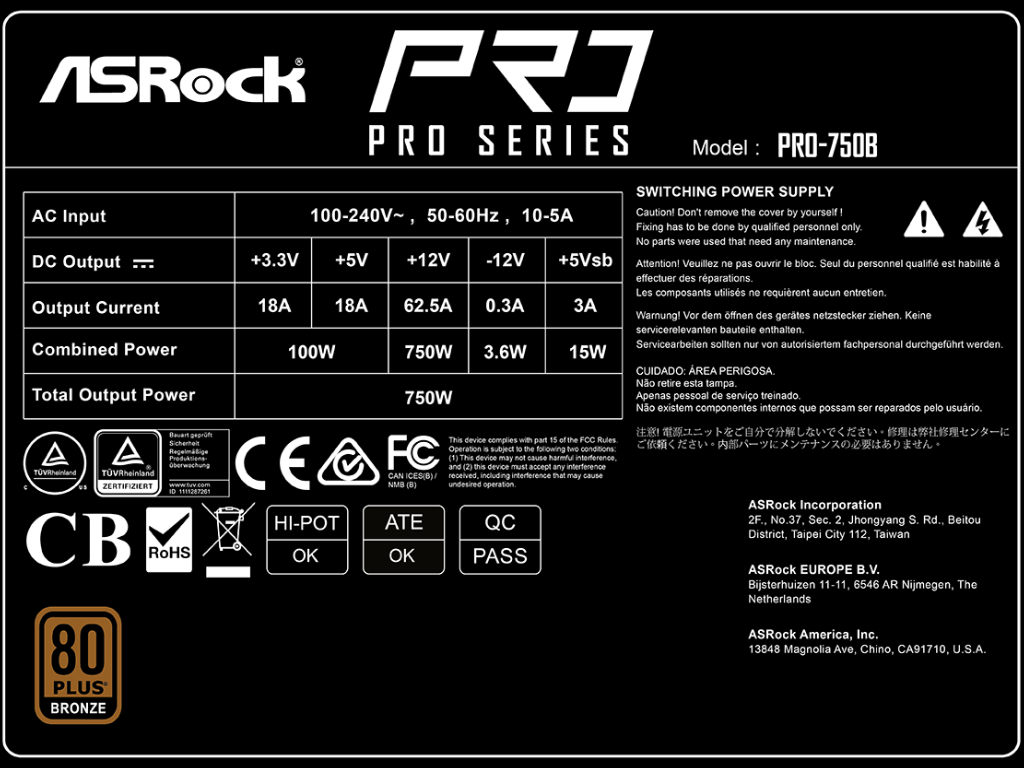 ASRock PRO Series PRO-750B 750 W ATX 3.1 Compatible 80 PLUS BRONZE Certified Power Supply - миниатюра 6