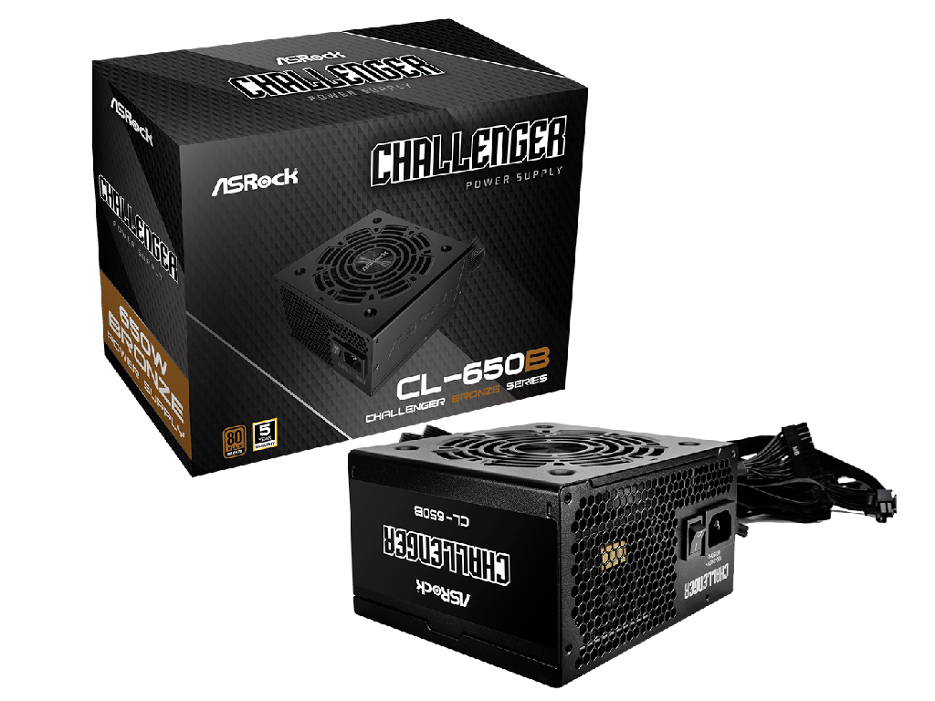 ASRock Challenger "CL-650B", 650W, PCIe5.1 Ready, 80 PLUS® BRONZE, 120mm Golf-blade Fan, Built-in 5V BOOST function, +12V (54.2A), 20+4 Pin, 1xCPU(4+4Pin), 4x SATA, 2xPCI-E(6+2pin), 2x Peripheral, OCP/SCP/OVP/UVP/OTP/OPP, Black