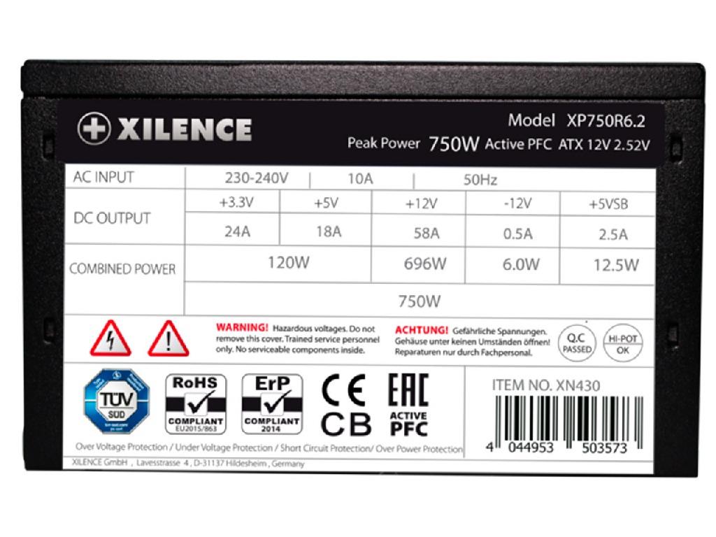 PSU XILENCE XP750R6.2 (XN430), 750W, "Performance C+ Series", ATX 2.52, ErP2014 norm, 80+ Efficiency, Active PFC, 120mm fan,+12V (29A+29A), 1x 20+4 Pin (MB), 1x P8 (CPU) + P4+4 (CPU), 5x SATA, 2x PCI-E 6+2pin (GPU), 3x PATA, OVP, UVP, SCP, OLP, Black ribbon cables, Full Black - миниатюра 4