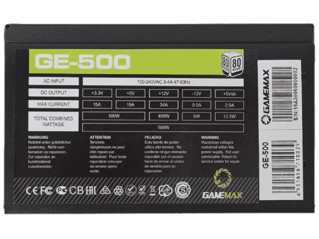 Power Supply ATX 500W GAMEMAX GE-500, 12cm Fan, 80PLUS, Retail, Active PFC, 1x24PIN, 12V8pin(4+4), 4xSATA, 1xPCI-6+2PIN, 3x4PIN - миниатюра 3