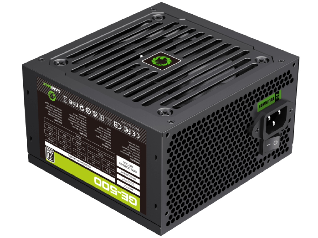 Power Supply ATX 500W GAMEMAX GE-500, 12cm Fan, 80PLUS, Retail, Active PFC, 1x24PIN, 12V8pin(4+4), 4xSATA, 1xPCI-6+2PIN, 3x4PIN