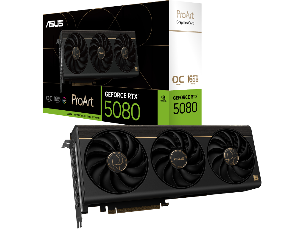 VGA ASUS RTX5080 16GB GDDR7 ProArt OC (PROART-RTX5080-O16G) Producator GPU NVIDIA Procesor Video GeForce RTX 5080 Memorie 16GB Tip memorie GDDR7 Bus memorie 256 bit Frecventa memorie 30000 MHz