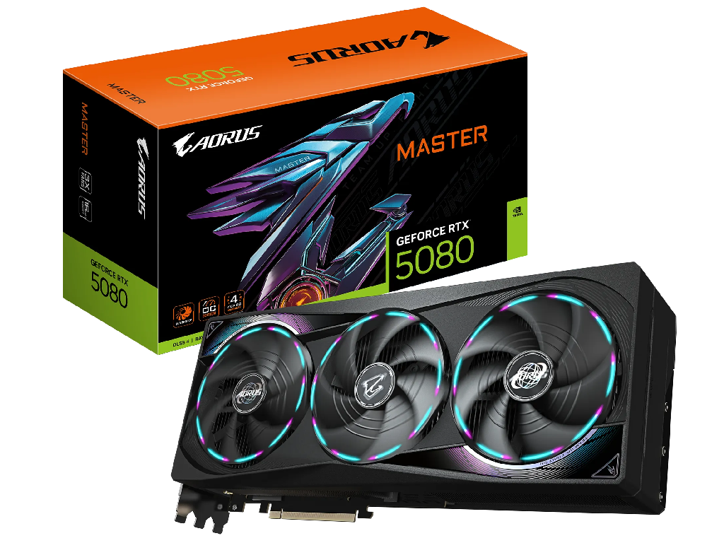 GIGABYTE AORUS GeForce RTX 5080 MASTER 16G / 16GB GDDR7 256bit, 2805/30000MHz, CUDA 10752, Triple Fan, PCIeX16 5.0, 1xHDMI, 3xDP, WindForce Cooling System Hawk Fans/Passive Cooling Module, RGB Halo, Dual Bios, LCD Edge View, Screen Cooling, 1x16-pin, Black, Retail