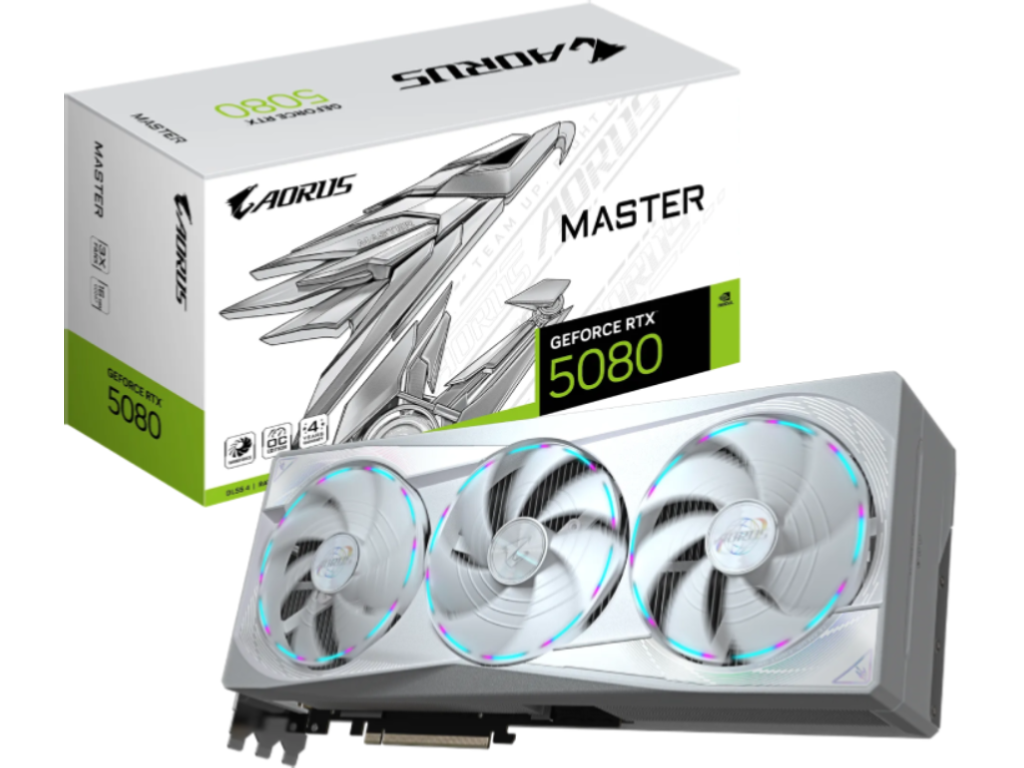 GIGABYTE AORUS GeForce RTX 5080 MASTER ICE 16G / 16GB GDDR7 256bit, 2805/30000MHz, CUDA 10752, Triple Fan, PCIeX16 5.0, 1xHDMI, 3xDP, WindForce Cooling System Hawk Fans/Passive Cooling Module, RGB Halo, Dual Bios, LCD Edge View, Screen Cooling, 1x16-pin, White, Retail