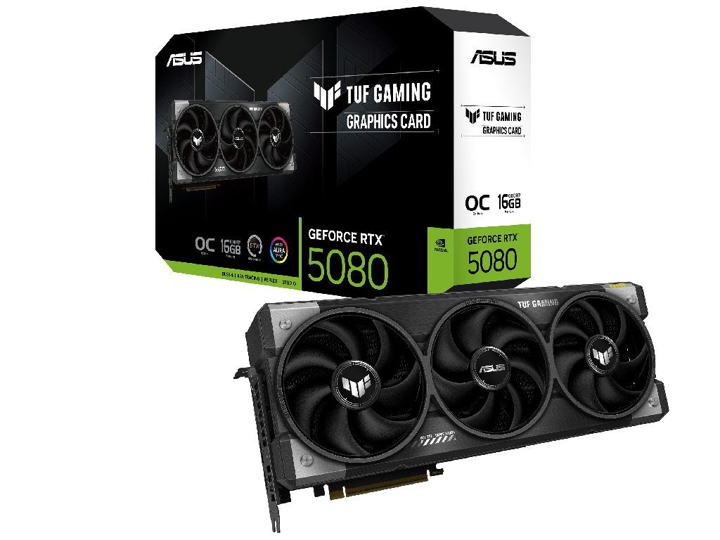 ASUS TUF Gaming GeForce RTX 5080 OC Edition 16GB GDDR7 256bit, 2730/30000MHz, 2xHDMI, 3xDP, Triple Fan, PCI-E 5.0, 3.6-slot design, Large Vapor Chamber, Axial-tech fans, Dual Ball bearing, Military-grade 20K capacitors, Reverse Rotation, Massive Heatsink, Dual Bios, Aura Sync, 1x16pin, Black
