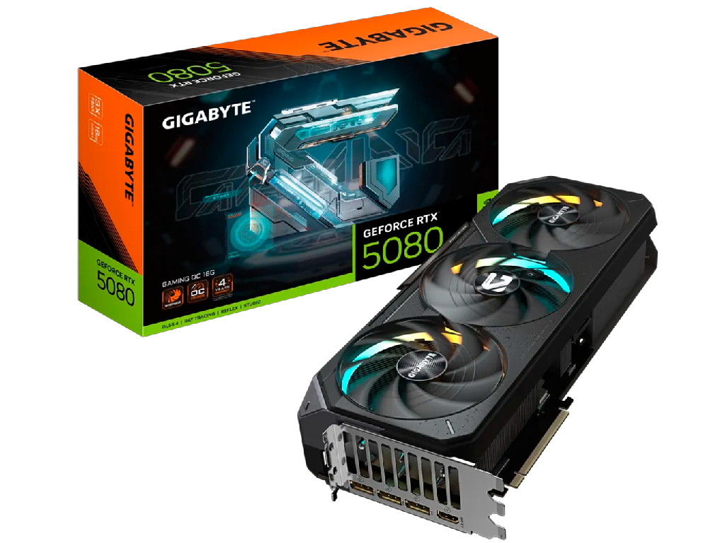 GIGABYTE GeForce RTX 5080 GAMING OC 16G / 16GB GDDR7 256bit, 2730/30000 MHz, CUDA 10752, Triple Fan, PCIeX16 5.0, 1xHDMI, 3xDP, WindForce Cooling System Hawk Fans, Large Vapor Chamber, Composite Copper Heatpipes, RGB Halo, Dual Bios, 1x16-pin PCIe, Black, Retail