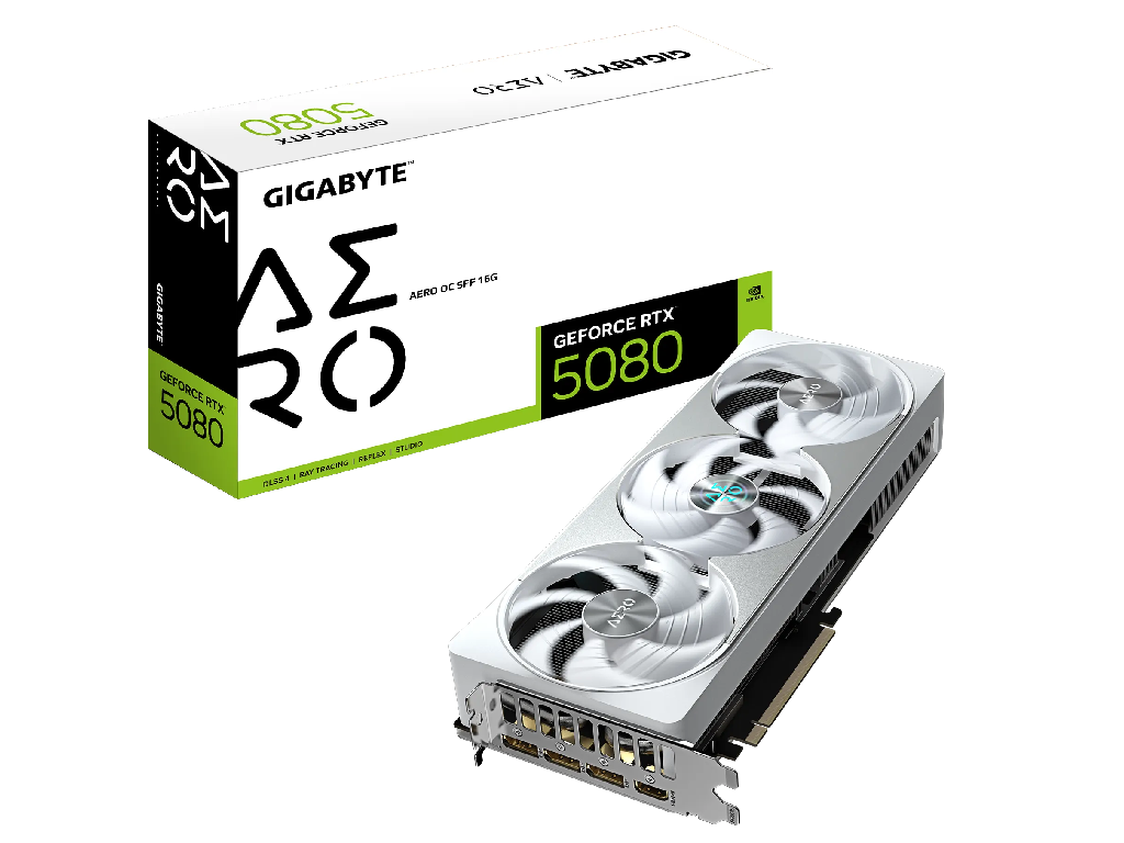 GIGABYTE GeForce RTX 5080 AERO OC 16G / 16GB GDDR7 256bit, 2730/30000 MHz, CUDA 10752, Triple Fan, SFF-Ready, PCIeX16 5.0, 1xHDMI, 3xDP, WindForce Cooling System Hawk Fans, Large Vapor Chamber, Composite Copper Heatpipes, RGB Lightning, Dual Bios, 1x16-pin PCIe, White, Retail
