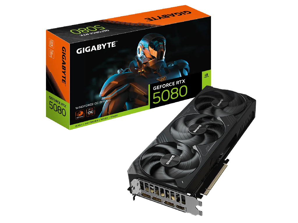 VGA Gigabyte RTX5080 16GB GDDR7 WindForce (GV-N5080WF3OC-16GD) Producator GPU NVIDIA Procesor Video GeForce RTX 5080 Memorie 16GB Tip memorie GDDR7 Bus memorie 256 bit Frecventa memorie 30 MHz