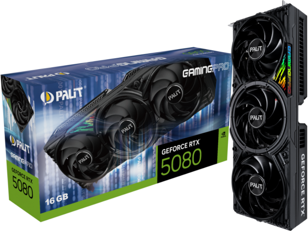 Palit GeForce RTX 5080 GamingPro, HDMI, 3x DP, 16GB GDD GDDR7 256BIT Clock Base 2295MHz Clock Boost 2617MHz Cooling 3X Axialfan Pcie 50 X16