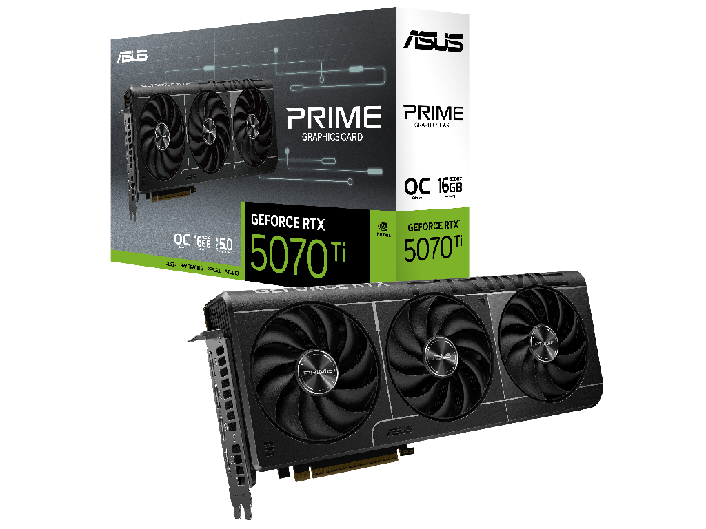 ASUS PRIME GeForce RTX 5070 Ti OC Edition 16GB GDDR7 256bit, 2527/28000MHz, 1xHDMI, 3xDP, Triple Fan, PCI-E 5.0, 2.5-slot design, SFF-ready, Axial-tech fans, Phase-Change GPU Thermal Pad, Dual Ball bearing, 0dB technology, Vented Backplate, Dual BIOS, 1x16pin, Black, Retail