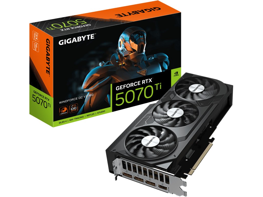 VGA Gigabyte RTX5070Ti 16GB GDDR7 WindForce OC (GV-N507TWF3OCV2-16GD) Producator GPU NVIDIA Procesor Video GeForce RTX 5070 Ti Memorie 16GB Tip memorie GDDR7 Bus memorie 256 bit Frecventa memorie 28000 MHz