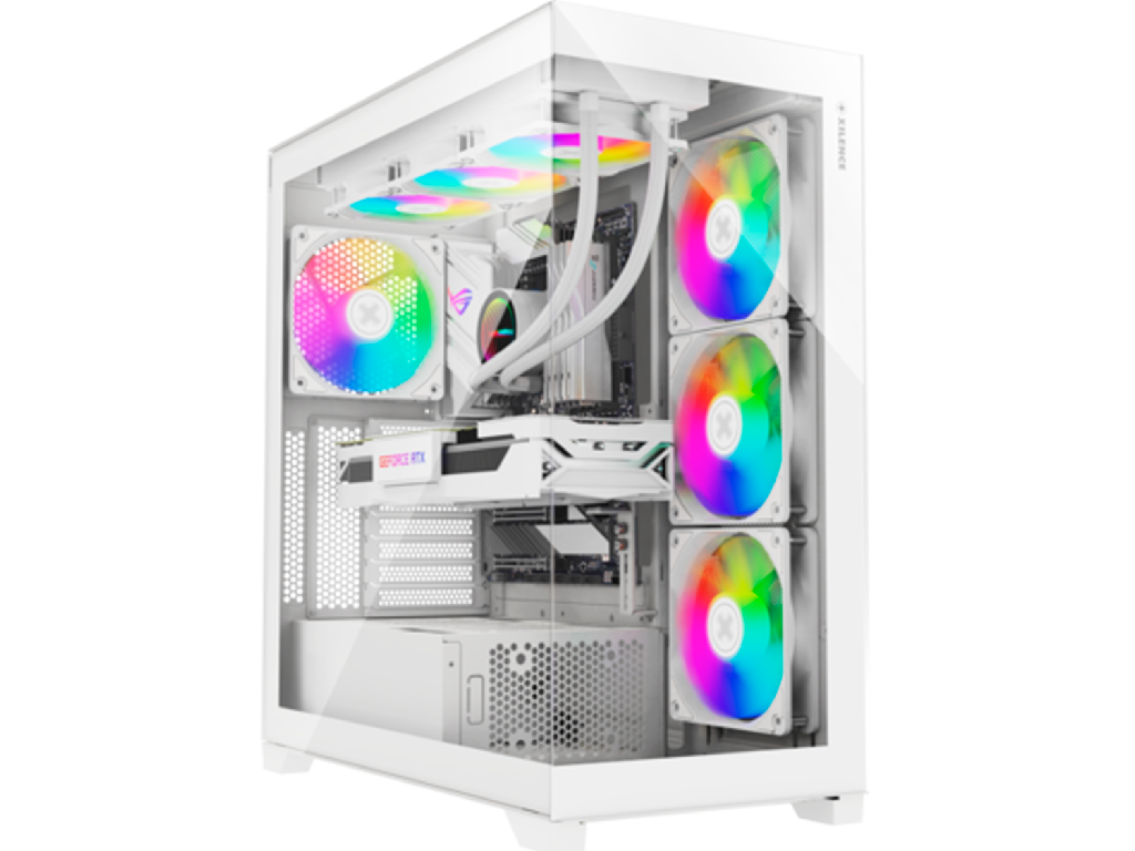 XILENCE "X818.W.ARGB" Xilent White Gleam ATX Case, without PSU, Aquarium, Transparent Front Side TG Panels, Front 4x ARGB 140mm PWM fans, Rear 1x120mm PWM Black, w/Control Board (ARGB/PWM), GPU holder, 420mm Support, 2x 3.5"/ 7x 2.5", 1xUSB-C, 2xUSB 3.0, 1x Mic, 1xAudio, LED, PSU Shroud, White