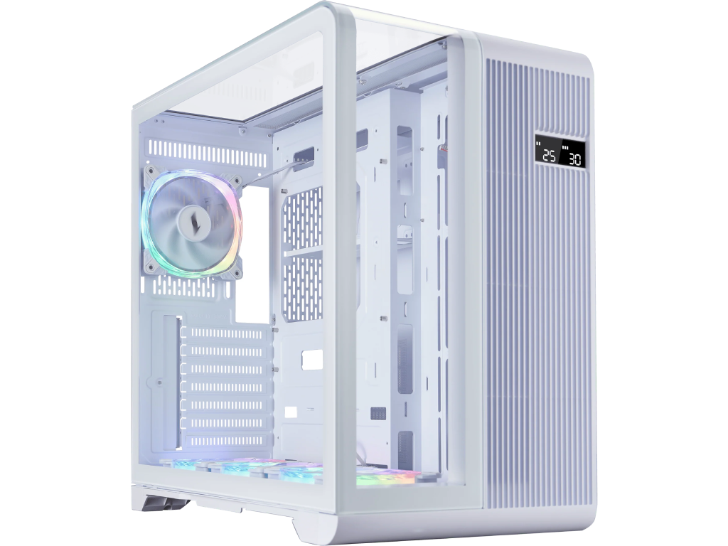 Case 1STPLAYER RT7 WHITE, ATX w/o PSU, Tempered glass on three sides, LED display monitors CPU/RAM/Temp, FC7R-W ARGB fan (3xBottom), FC7-W(1xRear), MB Synchro, 2.5” SSD*3 / 3.5” HDD*2, 1xType-C, 1xUSB3.0, HD AUDIO, Support 360mm Front, SPCC 0.6mm, White