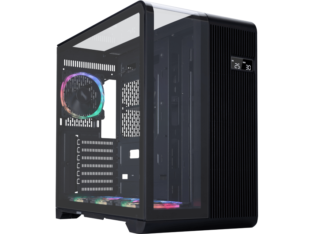 Case 1STPLAYER RT7 BLACK, ATX w/o PSU, Tempered glass on three sides, LED display monitors CPU/RAM/Temp, FC7R ARGB fan (3xBottom), FC7(1xRear), MB Synchro, 2.5” SSD*3 / 3.5” HDD*2, 1xType-C, 1xUSB3.0, HD AUDIO, Support 360mm Front, SPCC 0.6mm, Black