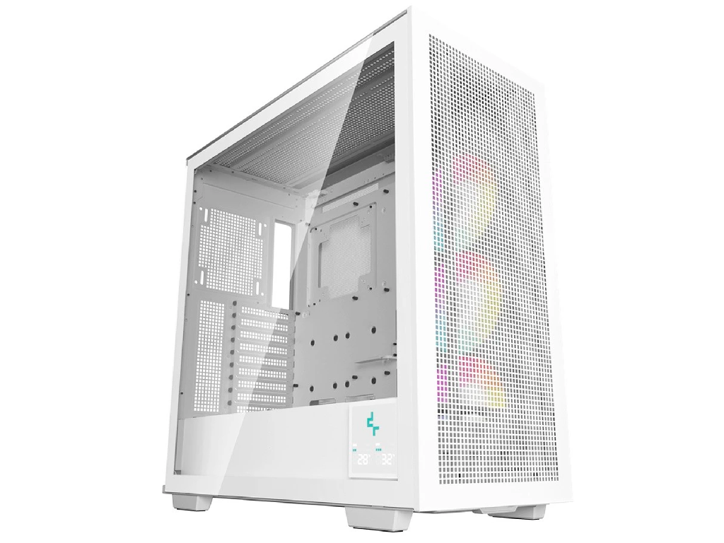 DEEPCOOL "MORPHEUS WHITE" ATX Case, Reconfigurable Chasis, Modular Single/Dual Chamber with Side-Window, Tempered Glass Side Front Mesh panel, without PSU, Pre-installed 420mm unit (3x140mm PWM ARGB fans), Vertical GPU mount, Dual Real-Time Digital Display, 1XType-C, 4xUSB3.0, Audio, LED, White
