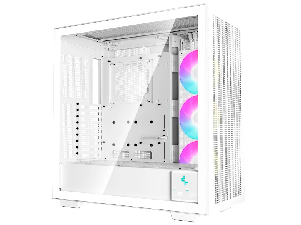 DEEPCOOL "MORPHEUS WHITE" ATX Case, Reconfigurable Chasis, Modular Single/Dual Chamber with Side-Window, Tempered Glass Side Front Mesh panel, without PSU, Pre-installed 420mm unit (3x140mm PWM ARGB fans), Vertical GPU mount, Dual Real-Time Digital Display, 1XType-C, 4xUSB3.0, Audio, LED, White - миниатюра 2