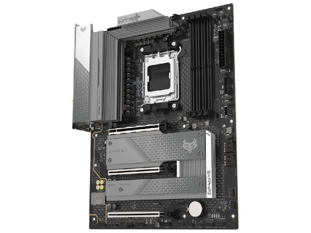 SAPPHIRE NITRO+ B850A WIFI 7 ,Socket AM5, 12+2+1(55A), AMD B850, Dual 4xDDR5-8000, APU AMD graphics, HDMI, DP, 3xPCIe5.0 X16, 4xSATA3, RAID, 3xM.2 PCIe 5.0, Realtek ALC 897 7.1 HDA, 1x2.5GbE LAN, WiFi7/BT, 1xUSB-C 3.2, 3xUSB 3.2Gen2, 3xUSB3.2(1C+2A), Debug Led, ATX - миниатюра 4
