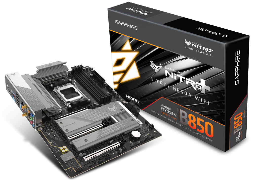 SAPPHIRE NITRO+ B850A WIFI 7 ,Socket AM5, 12+2+1(55A), AMD B850, Dual 4xDDR5-8000, APU AMD graphics, HDMI, DP, 3xPCIe5.0 X16, 4xSATA3, RAID, 3xM.2 PCIe 5.0, Realtek ALC 897 7.1 HDA, 1x2.5GbE LAN, WiFi7/BT, 1xUSB-C 3.2, 3xUSB 3.2Gen2, 3xUSB3.2(1C+2A), Debug Led, ATX