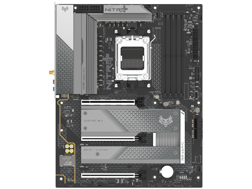 SAPPHIRE NITRO+ B850A WIFI 7 ,Socket AM5, 12+2+1(55A), AMD B850, Dual 4xDDR5-8000, APU AMD graphics, HDMI, DP, 3xPCIe5.0 X16, 4xSATA3, RAID, 3xM.2 PCIe 5.0, Realtek ALC 897 7.1 HDA, 1x2.5GbE LAN, WiFi7/BT, 1xUSB-C 3.2, 3xUSB 3.2Gen2, 3xUSB3.2(1C+2A), Debug Led, ATX - миниатюра 2