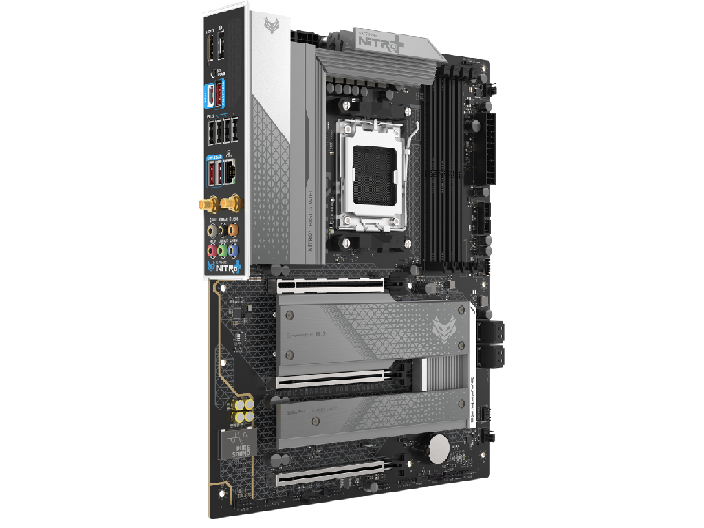 SAPPHIRE NITRO+ B850A WIFI 7 ,Socket AM5, 12+2+1(55A), AMD B850, Dual 4xDDR5-8000, APU AMD graphics, HDMI, DP, 3xPCIe5.0 X16, 4xSATA3, RAID, 3xM.2 PCIe 5.0, Realtek ALC 897 7.1 HDA, 1x2.5GbE LAN, WiFi7/BT, 1xUSB-C 3.2, 3xUSB 3.2Gen2, 3xUSB3.2(1C+2A), Debug Led, ATX - миниатюра 3