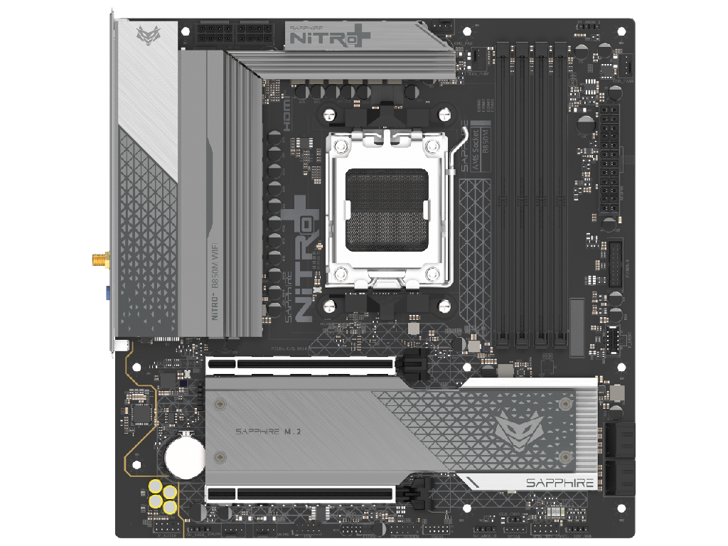 SAPPHIRE NITRO+ B850M WIFI, Socket AM5, 12+2+1(55A), AMD B850, Dual 4xDDR5-8000, APU AMD graphics, HDMI, DP, 2xPCIe5.0 X16, 4xSATA3, RAID, 2xM.2 PCIe 5.0, Realtek 7.1 HDA, 1x2.5GbE LAN, WiFi6/BT, 1xUSB-C 3.2, 3xUSB 3.2Gen2, 3xUSB3.2(1C+2A), Debug Led, mATX - миниатюра 2