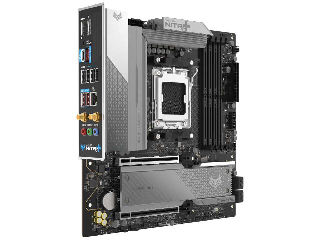 SAPPHIRE NITRO+ B850M WIFI, Socket AM5, 12+2+1(55A), AMD B850, Dual 4xDDR5-8000, APU AMD graphics, HDMI, DP, 2xPCIe5.0 X16, 4xSATA3, RAID, 2xM.2 PCIe 5.0, Realtek 7.1 HDA, 1x2.5GbE LAN, WiFi6/BT, 1xUSB-C 3.2, 3xUSB 3.2Gen2, 3xUSB3.2(1C+2A), Debug Led, mATX - миниатюра 3