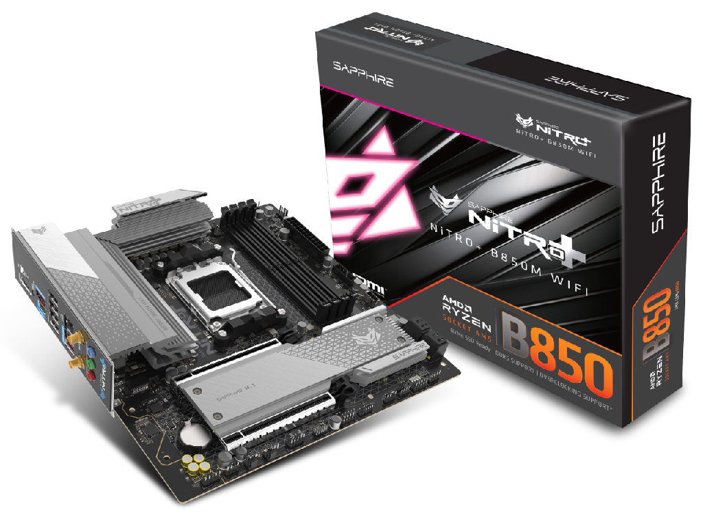 SAPPHIRE NITRO+ B850M WIFI, Socket AM5, 12+2+1(55A), AMD B850, Dual 4xDDR5-8000, APU AMD graphics, HDMI, DP, 2xPCIe5.0 X16, 4xSATA3, RAID, 2xM.2 PCIe 5.0, Realtek 7.1 HDA, 1x2.5GbE LAN, WiFi6/BT, 1xUSB-C 3.2, 3xUSB 3.2Gen2, 3xUSB3.2(1C+2A), Debug Led, mATX
