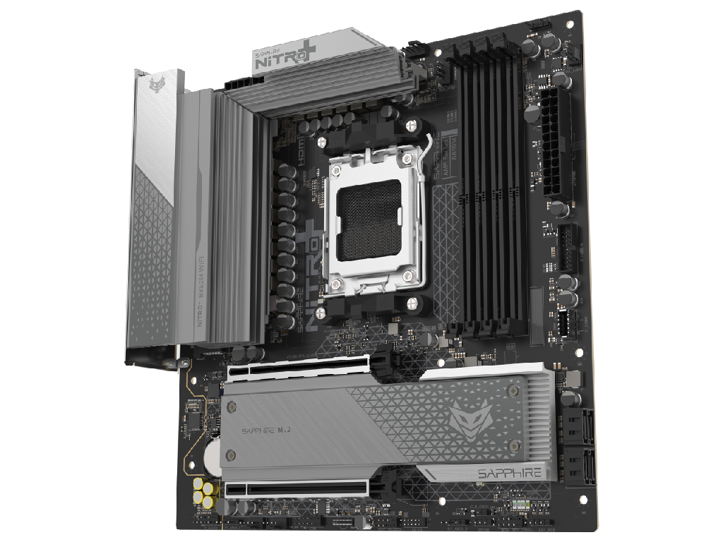 SAPPHIRE NITRO+ B850M WIFI, Socket AM5, 12+2+1(55A), AMD B850, Dual 4xDDR5-8000, APU AMD graphics, HDMI, DP, 2xPCIe5.0 X16, 4xSATA3, RAID, 2xM.2 PCIe 5.0, Realtek 7.1 HDA, 1x2.5GbE LAN, WiFi6/BT, 1xUSB-C 3.2, 3xUSB 3.2Gen2, 3xUSB3.2(1C+2A), Debug Led, mATX - миниатюра 4