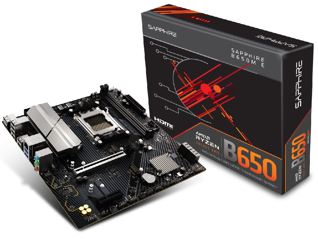 SAPPHIRE B650M-E, Socket AM5, 6+2+1(60A), AMD B650, Dual 2xDDR5-7600, APU AMD graphics, HDMI, DP, 1xPCIe4.0 X16, 4xSATA3, RAID, 2xM.2PCIe 5.0, 1xM.2 E-key for WiFi, 1xPCIeX1, Realtek ALC897 HDA, 1x2.5GbE LAN, 4xUSB3.2, Debug Led, mATX