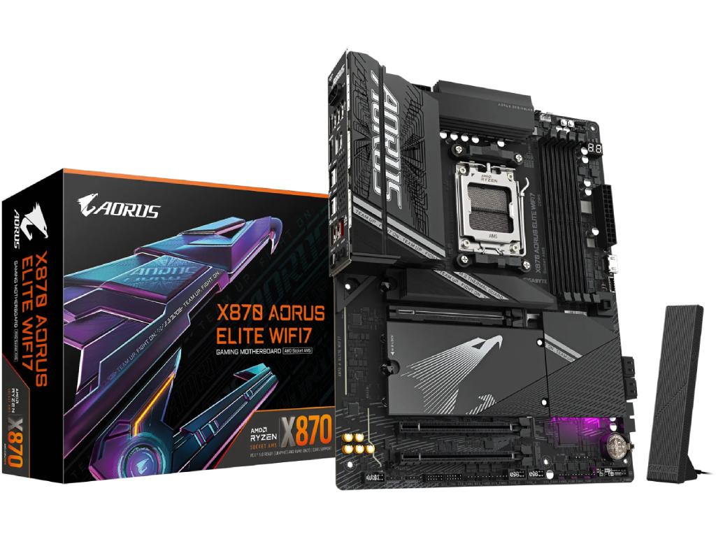 GIGABYTE X870 AORUS ELITE WIFI7, Socket AM5, AMD X870, 20Phases, Dual 4xDDR5-8200, APU AMD graphics, HDMI, 3xPCIe 5.0 X16, 4xSATA3, RAID, 4xM.2 PCIe 5.0, ALC1200 HDA, 2.5GbE LAN, WiFi7/BT, 2xUSB4 USB-C, 1xUSB-C Gen2x2, 2xUSB3.2 Gen2, 6xUSB3.2, RGB Fusion 2.0, ATX