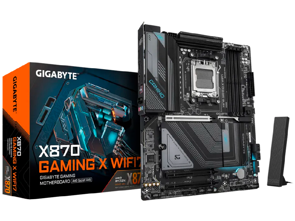 GIGABYTE X870 GAMING X WIFI7, Socket AM5, AMD X870, 20Phases, Dual 4xDDR5-8200, APU AMD graphics, HDMI, 3xPCIe 5.0 X16, 4xSATA3, RAID, 3xM.2 PCIe 5.0, Realtek 7.1 HDA, 2.5GbE LAN, WiFi7/BT5.4, 2xUSB4, 1xUSB-C Gen2x2, 1xUSB3.2 Gen2, 5xUSB3.2, RGB Fusion 2.0, ATX