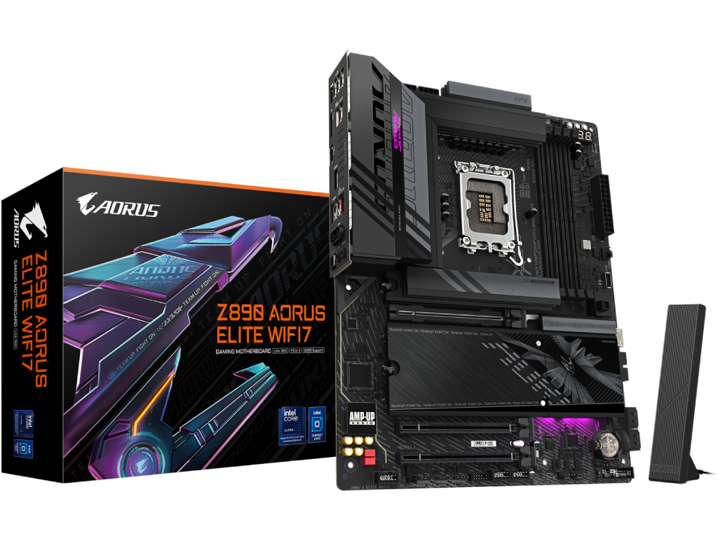 GIGABYTE Z890 AORUS ELITE WIFI7, Socket 1851, 19Phases, Intel® Z890 (Ultra 2 Series CPU), CPU graphics, HDMI, DP, Dual 4xDDR5-9200, 3xPCIe X16 5.0, 4xSATA3, RAID, 4xM.2 5.0, ALC1220/SPDIF, WIFI7/BT, 2.5GbE LAN, 1xTB4, 3xUSB3.2Gen2(1C+2A), 5xUSB3.2, RGB Aura Sync, Black, ATX