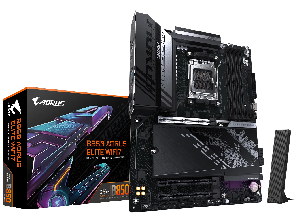 MB AM5 Gigabyte B850 A ELITE WF7 ATX Factor de forma a placii de baza ATX Socket AM5 Chipset AMD B850 Tip Memorie DDR5 SDRAM Capacitate max. Totala RAM 256GB Sloturi memorie 4x DIMM Frecven%3Fa memorie 5200 MHz