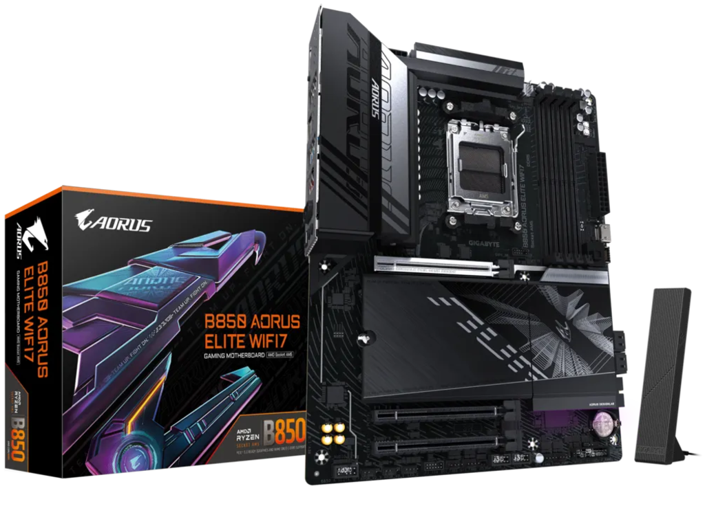 GIGABYTE B850 AORUS ELITE WF7, Socket AM5, 18Phases, AM Amd B850 Dual 4XDDR58200 Apu Amd Graphics Hdmi Dp 3XPCIE50 X16 4XSATA3 Raid 3XM2 Pcie 50 1XPCIE X1 Realtek 71 Hdaspdif 1X25GB E La