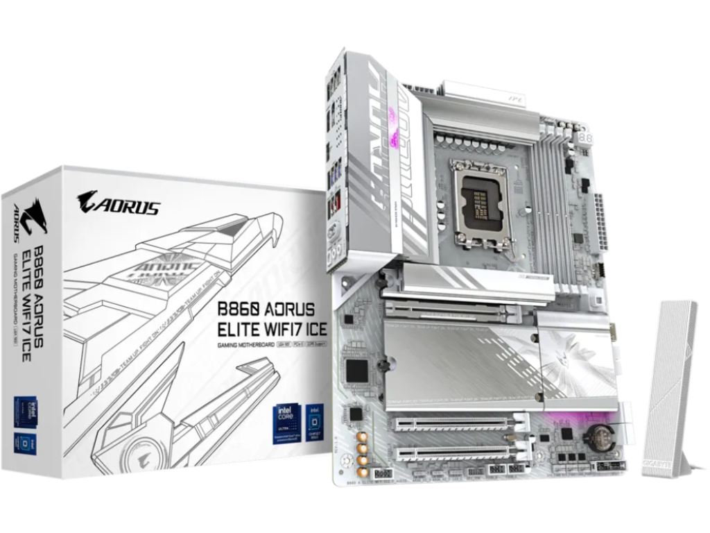GIGABYTE B860 A ELITE WF7 ICE, Socket 1851, 17Phases, I Intel B860 Ultra 2 Series CPU CPU Graphics Hdmi Dp Dual 4XDDR59200 3XPCIE X16 50 4XSATA3 Raid 3XM2 50 Realtek 71SPDIF 25GB E La