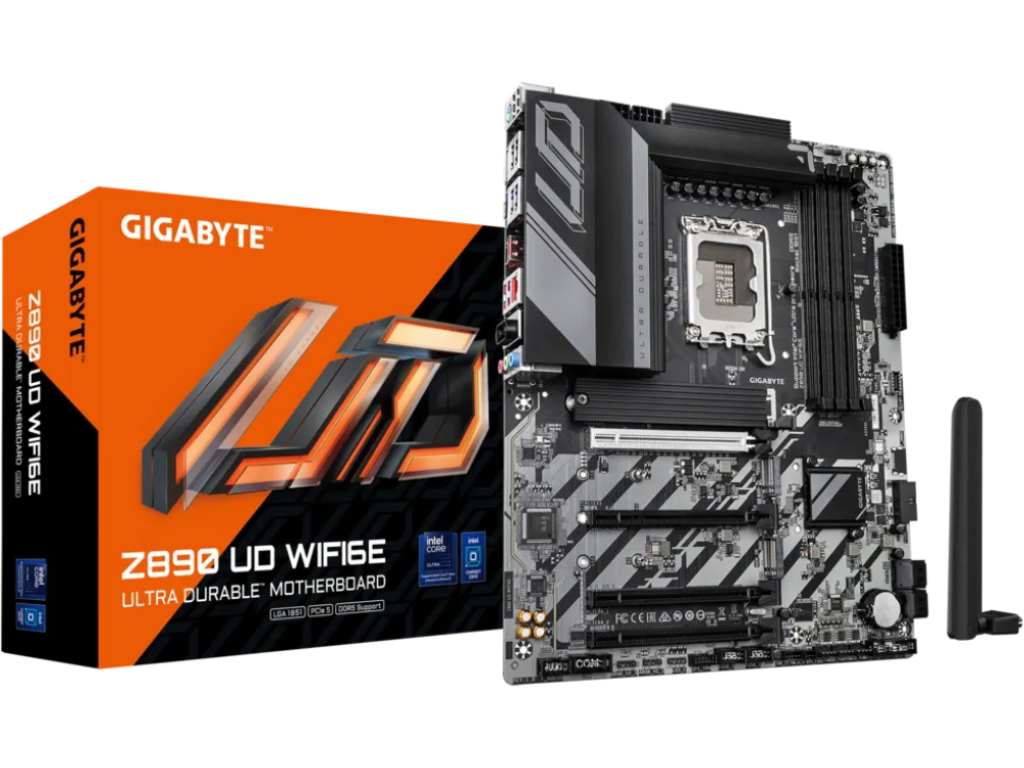 GIGABYTE Z890 UD WIFI6E, Socket 1851, 15Phases, Intel® Z890 (Ultra 2 Series CPU), CPU graphics, DP, Dual 4xDDR5-9200, 4xPCIe X16 5.0, 4xSATA3, RAID, 3xM.2 5.0, Realtek 7.1, WIFI6E/BT, 2.5GbE LAN, 1xUSB4 Type-C, 1xUSB3.2Gen2, 7xUSB3.2(1C+6A), RGB Aura Sync, Black, ATX