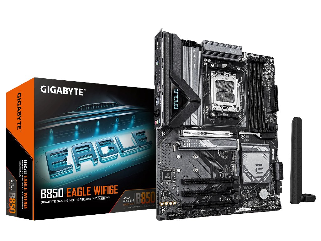 GIGABYTE B850 EAGLE WIFI6E, Socket AM5, 12Phases, AMD B850, Dual 4xDDR5-8200, APU AMD graphics, HDMI, DP, 4xPCIe5.0 X16, 4xSATA3, RAID, 3xM.2 PCIe 5.0, Realtek 7.1 HDA, 1x2.5GbE LAN, WiFi6e/BT, 2xUSB 3.2Gen2, 6xUSB3.2 (2C+4A), RGB Fusion 2.0, Black, ATX
